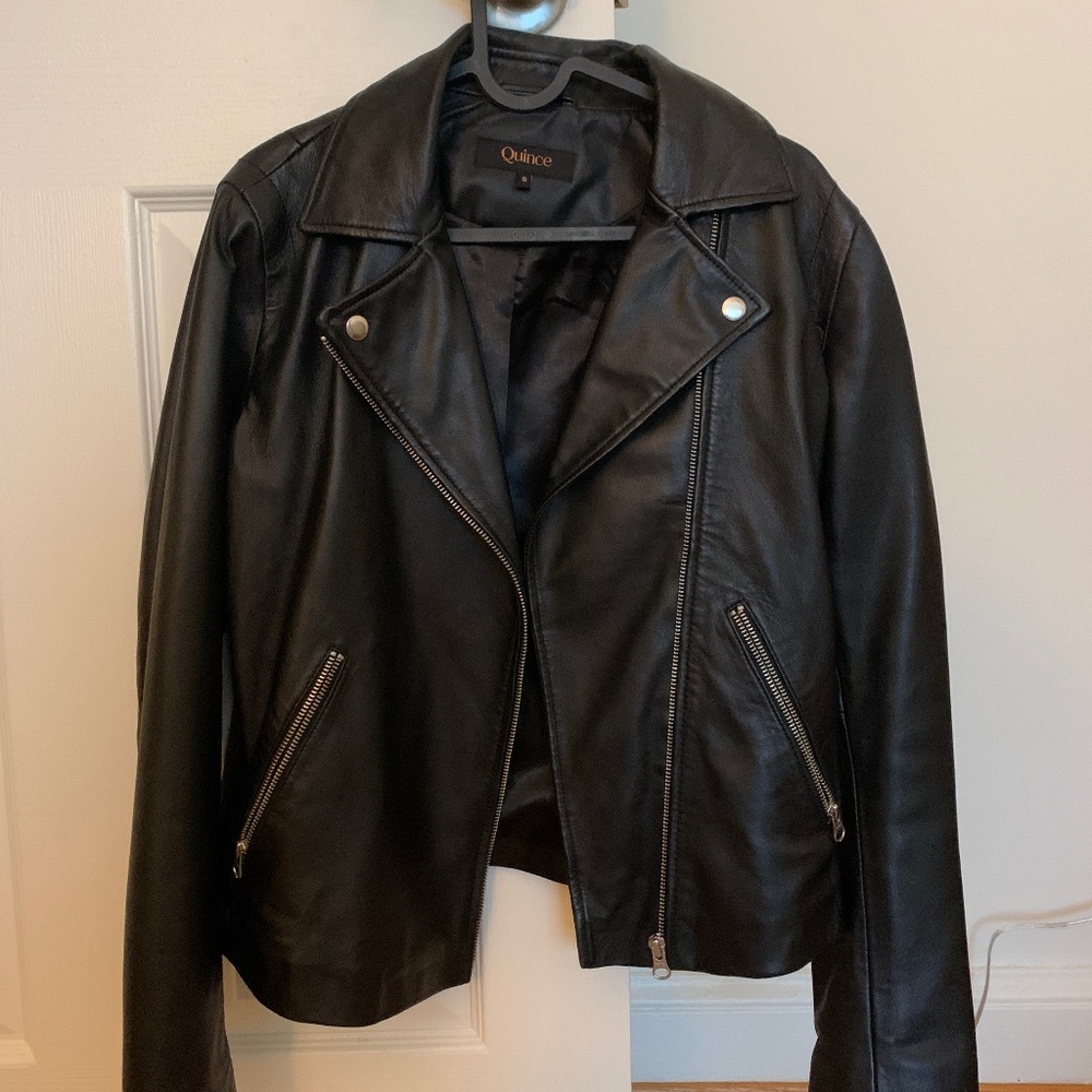 quince black leather biker jacket size S